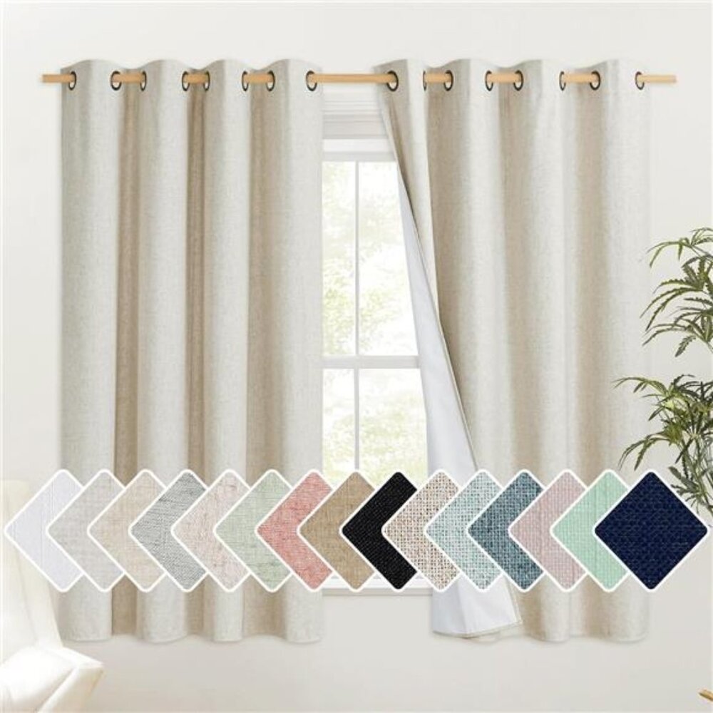 Natural Linen Curtains 45" Long with Noise Reducing for Small Window, 52" Wide